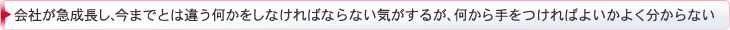会社が急成長し、今までとは違う何かをしなければならない気がするが、何から手をつければよいかよく分からない"  title="会社が急成長し、今までとは違う何かをしなければならない気がするが、何から手をつければよいかよく分からない